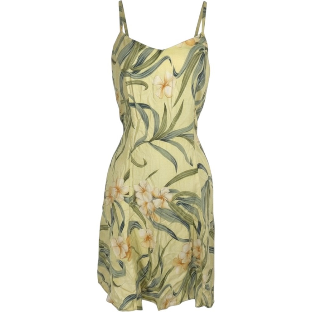 Paradise Found Vintage Hawaii Floral Rayon Mini Dress Yellow Plumeria Small Luau